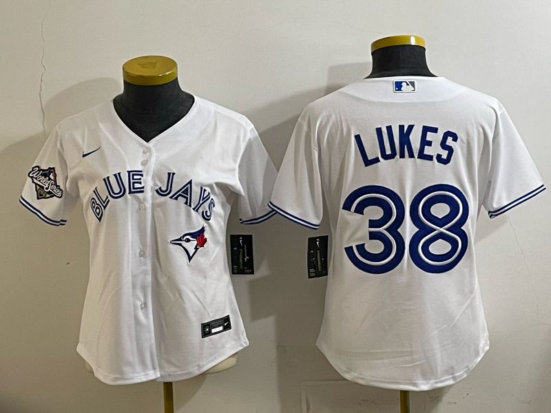 Women 2025 Nike Toronto Blue Jays #38 Lukes White Game MLB Jersey 04